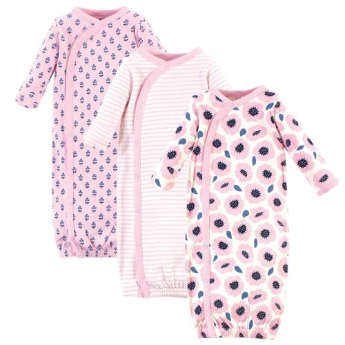 Touched by Nature Baby Girl Organic Cotton Side-Closure Snap Long-Sleeve Gowns 3pk, Blossoms, Preemie