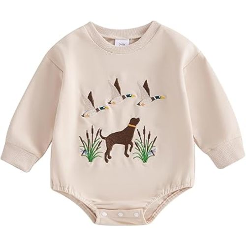 Baby Boy Hunting Outfit Duck Embroidery Baby Romper Long Sleeve Crew Neck Bodysuit Newborn Infant Fall Clothes