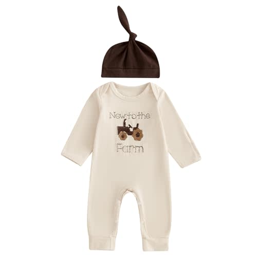 Fall Outfit Newborn Baby Boy One Piece Clothes Farm Tractor Long Sleeve Romper Jumpsuit Hat Set