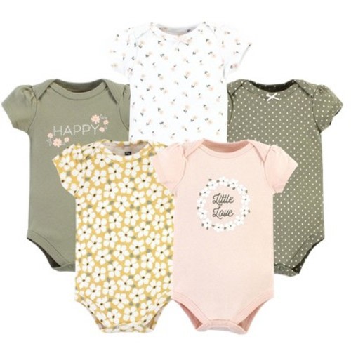 Hudson Baby Infant Girl Cotton Bodysuits, Sage Floral Wreath 5 Pack, 0-3 Months