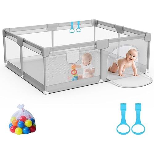 Omzer Baby Playpen 71x59inch - Large Playpen for Babies and Toddlers with 2 Pulling Handle & 50 Ocean Balls - Play Pen for Babies 6-12 Months - Safe Baby Fence Safe for Indoor Use