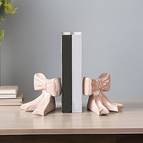 Bow Bookends for Shelves - Heavy Duty Desk Book Holder, Cute Home Decor, Gift Idea (Pink Ceramic Butterfly)