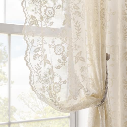 Beige Lace Curtains 63 Inch Length 2 Panels Set Rustic Leaf Floral Patterned Farmhouse Vintage Lace Sheer Curtains for Bedroom Dining Room, Rod Pocket Privacy Window Sheer Lacy Curtains, 42 x 63 Inch