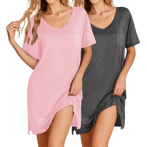 Ekouaer 2 Pack Nightgowns for Women Short Sleeve Sleepshirt V Neck Nightshirt Casual Print Sleepwear