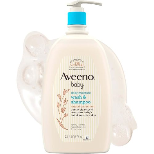 Aveeno Baby Daily Moisture Gentle Baby Body Wash and Shampoo with Oat Extract, 2-in-1 Baby Wash & Hair Shampoo, Tear-Free, pH Balanced for Sensitive Skin & Hair, Lightly Scented, Value Size 33 Fl Oz