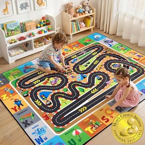 RogaraRace Track Rugs for Kids, Car Track Play Mat with Roads for Toy Cars, Soft Non-Slip Machine Washable Kids Rug for Playroom ABC Alphabet Carpet for Bedroom Nursery Preschool Classroom