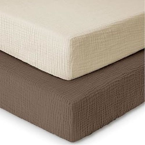 Mère & Moi: Muslin Fitted Crib Sheets: 2 Pack - Brown & Cream - 28x52", 100% Cotton, Oeko-TEX, Ultra-Soft & Breathable, Baby-Toddler Mattress Bedding