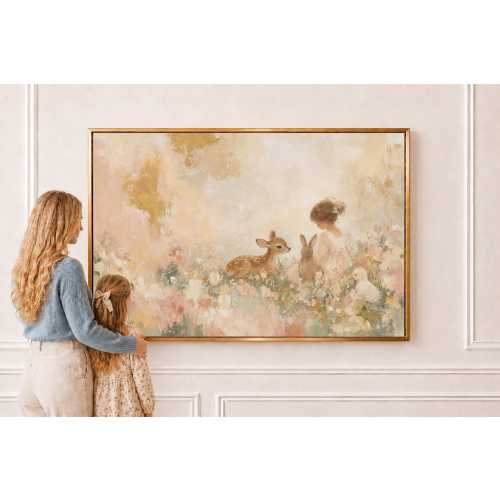 Animal Nursery Wall Art | Baby Girl Deer and Bunny Canvas | Blush Floral Kids Room Decor | G0298