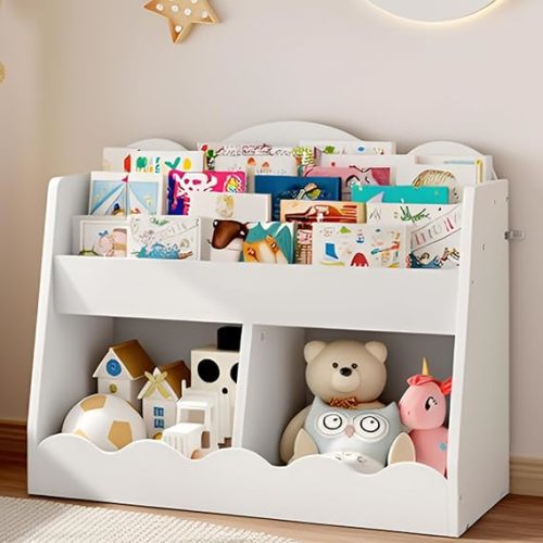 CHOEZON Kids Bookshelf and Toy Storage, Children's Bookcase with 2 Toy Cubes, Toddler Book Shelf for Kids Room, Wooden Book Organizer, for Playroom, Nursery, Living Room, White MCW15WB