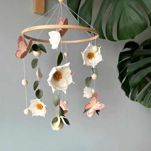 Boho Floral Baby Mobile: Felt Flowers, Butterflies, Neutral Nursery