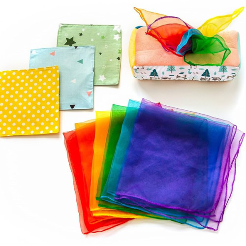 Baby Tissue Box Toy - Montessori Play for Infants and Toddlers - Sensory Textured Box with 12pcs Matching Colorful Scarves and 3pcs Crinkle Paper