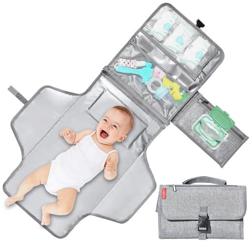 SKYROKU Baby Portable Diaper Changing Pad - Waterproof Travel Changing Mat with Wipes Pocket & Storage, Lightweight Baby Diaper Bag for Stroller/Car, Newborn Essentials Gift