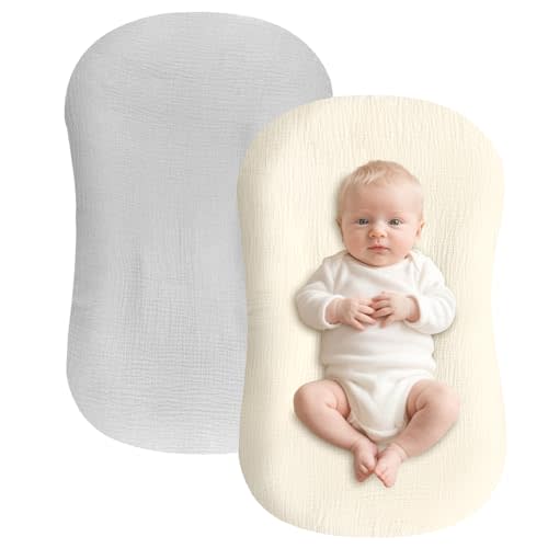 Hooyax Baby Lounger Cover 2 Pack - 100% Muslin Cotton Newborn Lounger Pillow Covers Only, Soft Breathable Infant Lounger Cover with Reinforced Stitching, Fits Most Standard Baby Loungers (Grey Cream)