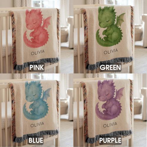Personalized Black Dragon Baby Blanket, Custom Name Sleeping Fantasy Creature Throw, Baby Boy Nursery Decor, Mythical Shower Gift for Kids