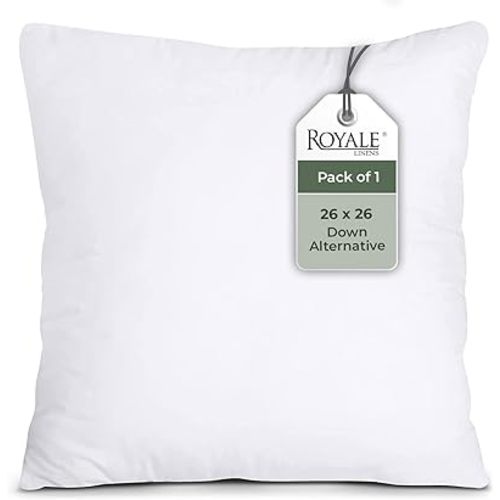 ROYALE LINENS 26 X 26 Pillow Insert - Down Alternative Throw Pillows Insert - Square Pillow Pack of 1 White - Bed & Couch Pillows - Inner Cushion for Bed, Cushion for Living Room - Shams Stuffer