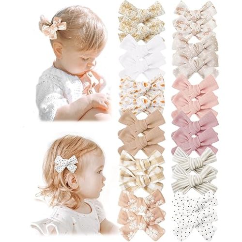 Niceye Baby Hair Clips - 24 Pcs Fully Lined Hair Bow Clips for Fine Hair Cotton Tiny Hair Barrettes for Infants, Toddlers, and Little Girls