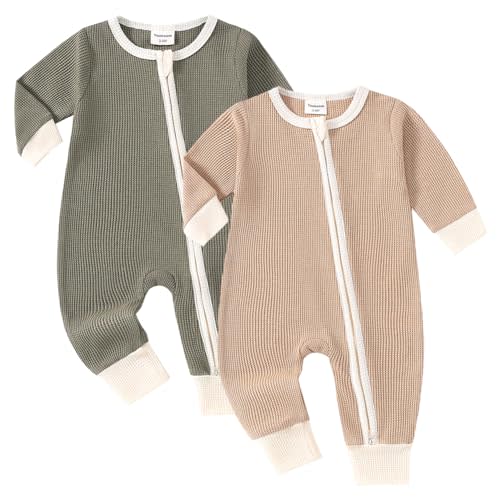 Yookoom Baby 2 Pack Rompers Long Sleeve Waffle Two Way Zipper One-Piece Romper Cotton Jumpsuit Outfits