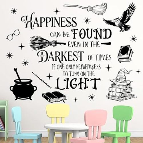 Mfault Happiness Can be Found Even in The Darkest Wall Decals Stickers, Magical Wizard Witch Hat Nursery Decorations Bedroom Art, Magic Broom Owl Cauldron Book Baby Toddlers Kids Room Playroom Decor