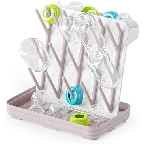 SpaceAid Baby Bottle Drying Rack with 20 Hooks, Space Saving Kitchen Bottles Rack Dryer, Vertical Baby Bottle Holder Organizer for Countertop Storage Accessories (White and Taupe)