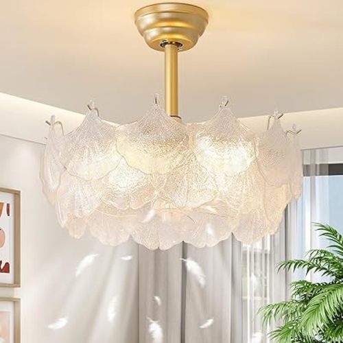 20'' Fandelier Ceiling Fans with Lights, Gold Caged Ceiling Fan with Remote Low Profile, 6 Speed and Petal, Modern Semi Flush Mount Ceiling Fan for Bedroom, Living Room, Nursery