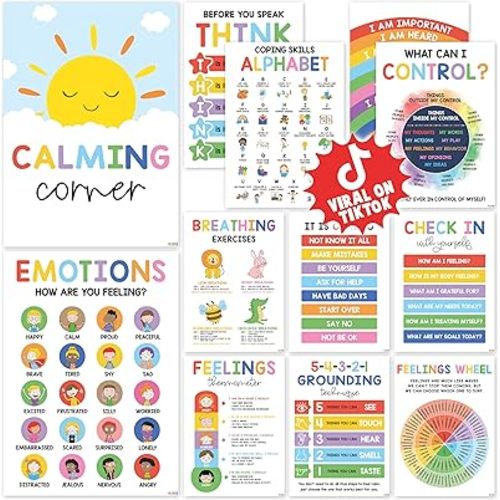12 Calming Corner Classroom Posters (10x14) - Feelings Wheel Chart & Emotions Poster For Kids, Calm Down Corner Supplies For Therapy Office Decor, Mental Health Wall Decorations For Preschool