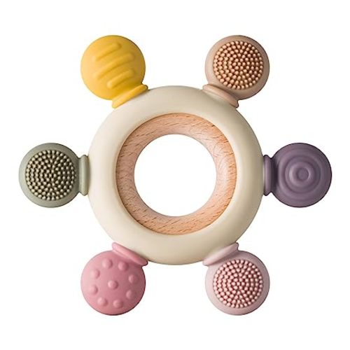 Baby Teething Toys Silicone Teethers BPA Free Silicone Rudder with Wooden Ring Soothe Babies Gums (Khaki)