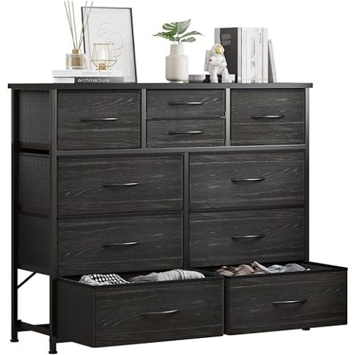 LUMTOK 10-Drawer Dresser, Fabric Dressers Drawers for Bedroom, Hallway, Nursery, Closets, Steel Frame, Wood Top, Easy Pull Handle (Black Wood Veins)