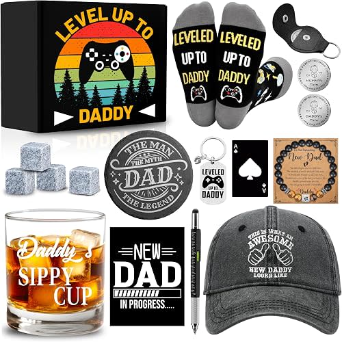 15 Pcs New Dad Gifts, Unique Dad Gift with 11 oz Daddy's Sippy Cup Whiskey Glass 4 Whiskey Stones Coaster Hat Sock Bracelet Decision Coin Keychain, Father's Day Christmas Gift for New Daddy, Husband