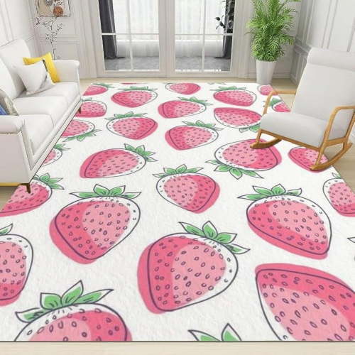 Pink Fruit Strawberry Area Rug, Nordic Modern Minimalist White Indoor Accent Rugs, Non-Slip Non-Shedding Floor Carpet For Entryway Bedroom Living Room Office Kitchen 4 x 5ft