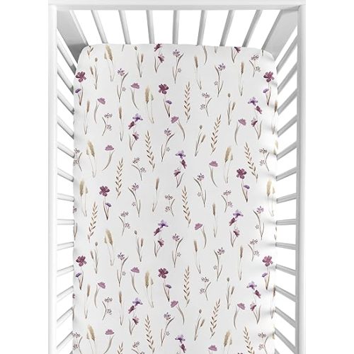 Sweet Jojo Designs Fitted Baby Crib Sheets (Boho Garden Purple Floral) for Girls, Infant Nursery, Toddler Room - Standard Size (Flower, Bohemian, Farmhouse, Wildflower, Vintage, Shabby Chic, Nature)