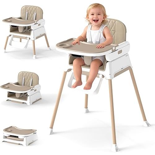 4 in 1 Baby High Chair for Babies and Toddlers, Foldable & Portable Convertible Booster Seat, Adjustable Tray & Footrest, Lightweight, Stable, Easy to Clean, Khaki