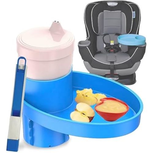 Complete Kids Travel Tray Kit - Easily Expands Cup Holder into 360° Cup & Travel Tray for Kids Car Seat, Booster, and Stroller - Toddler Road Trip Essentials Set Includes Coaster & Brush (Blue)