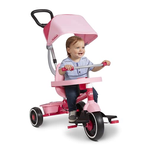 Radio Flyer Stroll N Trike Grows with Child, Converts from Parent Steering to Pedaling for Ages 1-5, Features Safety Harness, UV-Protection Canopy, Cup Holder, Toy Storage, and More, Amazon Exclusive
