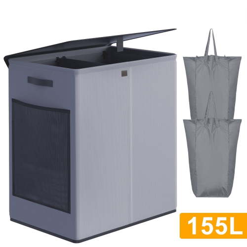 BGTREND Double Laundry Hamper with Lid 155L Laundry Basket with Removable Liner Bags & Side Mesh Pocket Collapsible Laundry Sorter Dirty Clothes Hamper (Gray)