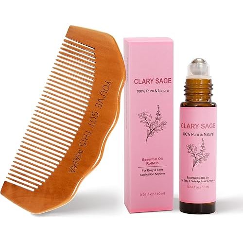 Labor Comb Clary Sage Oil Set - Wooden Birth Comb Natural Labor and Delivery Essentials,Birthing Combs Hospital Bag Must Haves for Pregnant Women&New Mom