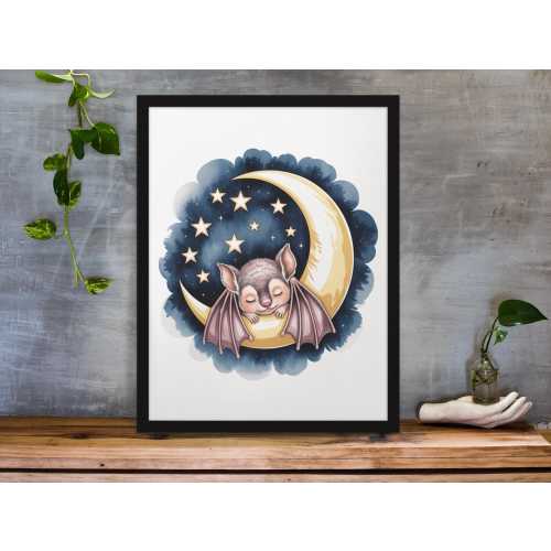 Baby Bat Moon Canvas Art: Cosmic Nursery Decor, Halloween Decor
