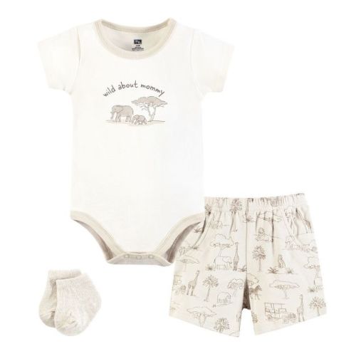 Hudson Baby Infant Boys Bodysuit, Short and Sock, Beige Safari