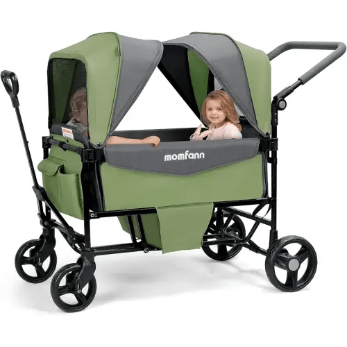 Stroller Wagon for 2 Kids with Canopy, Foldable All-Terrain Wagon Stroller with Adjustable Push/Pull Handle, Parent Organizer, 5-Point Harness, Ideal for Travel & Outdoor Adventures, Meadow Green