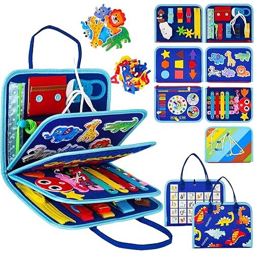 Montessori Busy Board for Toddlers – Sensory Busy Book with Buckles, Zippers, Letters, Animals, Toddler Activities – Fine Motor Skills Development Learning for Boys Girls Travel Activity