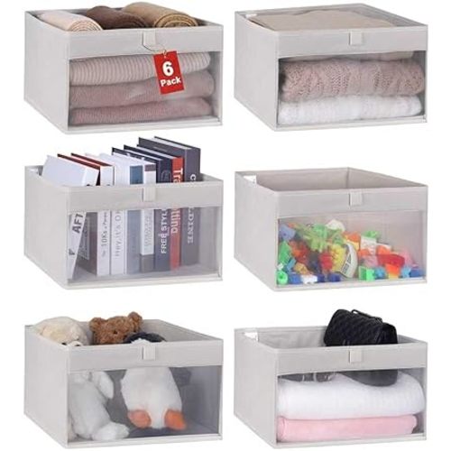 WUIKE 6-Pack Storage Bins with Window, Foldable Storage Baskets for Clothes, Purse, Blanket, Beige, Large