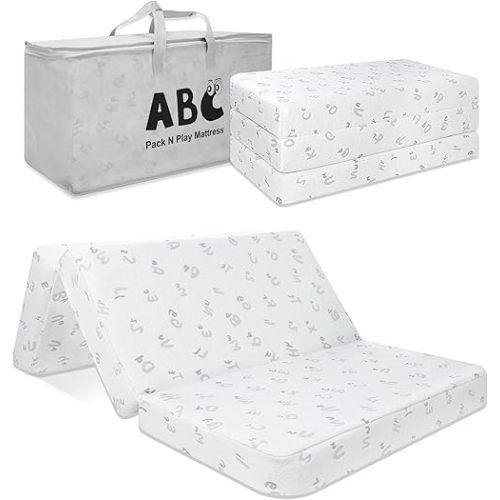Trifold Pack and Play Mattress - 38"x26" Pack N Play Mattress Pad with Breathable Removable Cover - High Density Foam Foldable Travel Baby Crib Mattresses