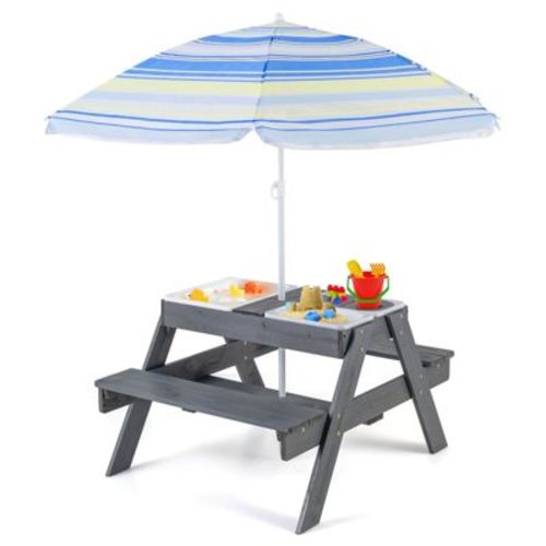 Costway 4-in-1 Kids Picnic Table Set with 3 Removable Bins & Lids Foldable Umbrella