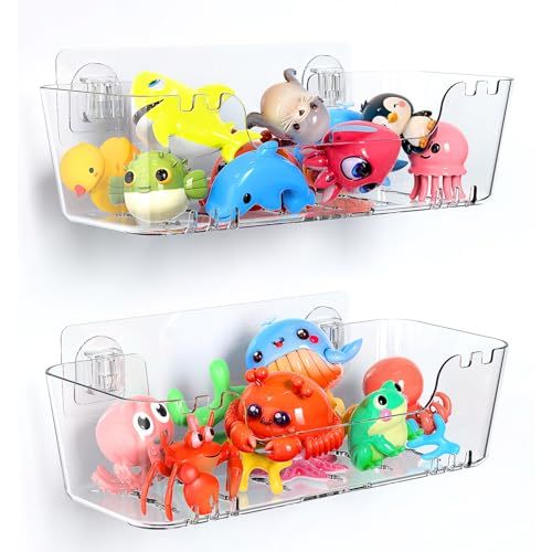 JNDETOP Bath Toy Storage Holder for Bathtub, Clear Acrylic Bath Toy Organizer with Drain Holes, 2 Pack Large Capacity Bathtub Toy Storage Shower Caddy for Bathroom