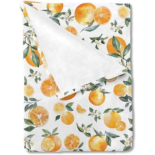 Watercolor Oranges Baby Blanket for Boy Girl Retro Oranges Floral Leaves Flannel Soft Swaddle Blankets Boho Summer Fruits Receiving Blanket for Nursery Stroller Toddler Bed Baby Crib Playmat 30x40
