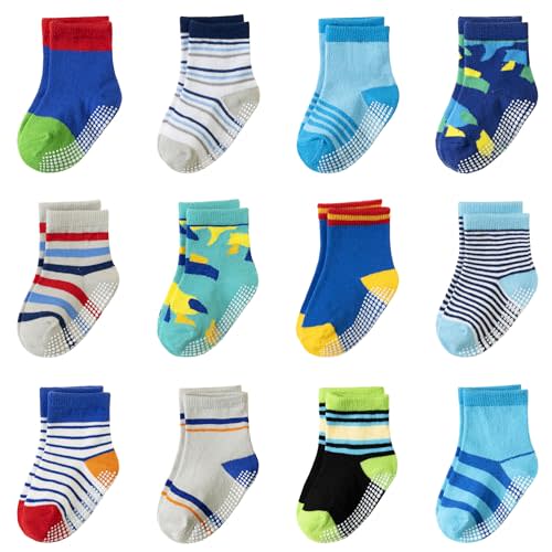 AMENLAN Toddler Non Slip Grips Socks Kids Anti Skid Baby Boys Girls Cotton Crew Socks 12 Pairs