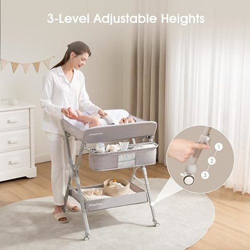 Maydolly Changing Table，Portable Diaper Changing Station, Foldable Baby Changing Table,Compact Nursery Diaper Changing Table for Baby，Adjustable Height，Mobile on Wheels (Grey)