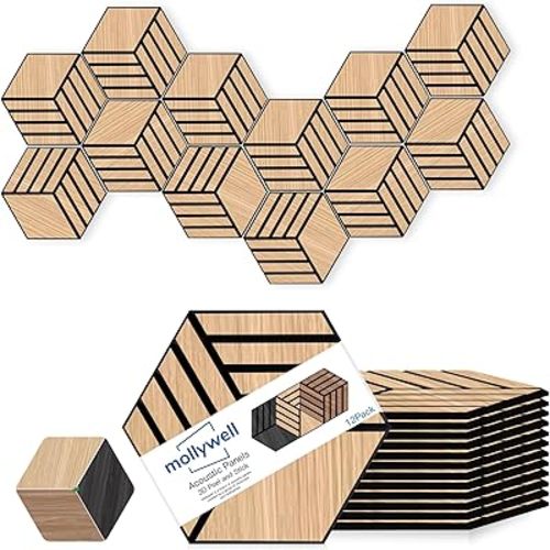 Mollywell Acoustic Panels, PVC Wood-Grain, 14x12 Inch Hexagon Carved Sound Proof Wall Tiles, Self-Adhesive High Density Felt for Home Theater/Studio/Office Echo Reduction, 12 Pack Natural Oak,TW4