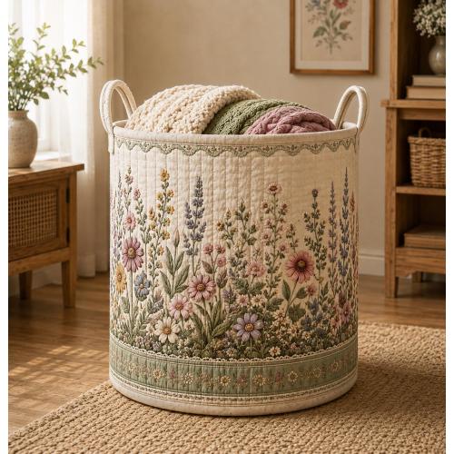 Vintage Wildflower Quilt Laundry Basket, Floral Library Storage Hamper, Cottagecore Quilted Laundry Bin, Bedroom Home Decor, Meadow Hamper