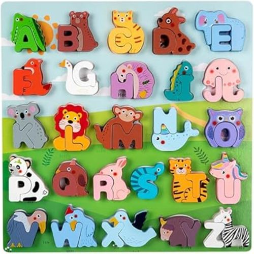 Wooden Alphabet Animal Puzzles for Kids Ages 3-5, ABC Letter Learning Toys with Sorting Board for Toddlers, Uppercase Blocks for Shape Matching Game, Preschool Montessori Educational Peg Puzzle