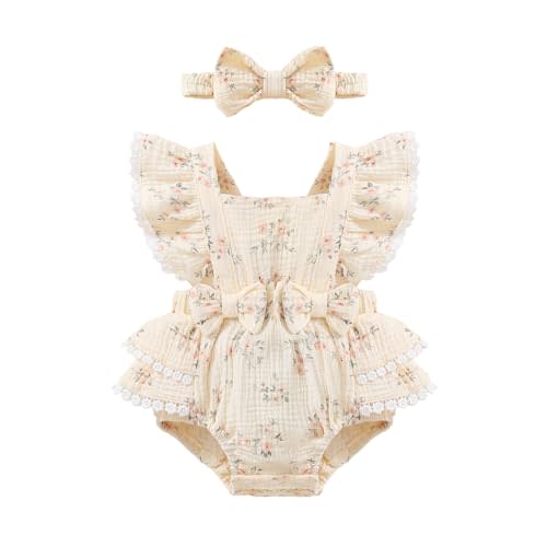 Baby Girl Summer Clothes Ruffle Sleeve Cotton Linen Romper Dress Infant Girls Lace Trim Bodysuit with Headband